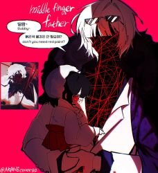  1boy 1girl aged_down akaneeeeee52 baby black_hair blush carrying carrying_baby carrying_person censored censored_identity chest_tattoo coat coat_on_shoulders commentary_request crying crying_with_eyes_open eyewear_on_head fur-trimmed_coat fur_trim highres limbus_company long_coat looking_at_viewer mixed-language_commentary official_art_inset pink_background project_moon purple_coat red_eyes red_skirt ryoshu ryoshu_(project_moon) shirt short_hair skirt speech_bubble suit tattoo tears violet_eyes white_hair white_headdress white_shirt white_suit 