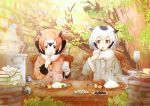  2girls book brown_eyes brown_hair buttons coat curry curry_rice eating eurasian_eagle_owl_(kemono_friends) food grey_hair head_wings kemono_friends multiple_girls northern_white-faced_owl_(kemono_friends) omiomi_kekyu rice short_hair sitting table 