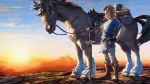  1boy belt blonde_hair blue_eyes blue_shirt blue_sky boots brown_boots brown_gloves clouds commentary day earrings fingerless_gloves full_body gloves hand_on_hip highres horse jewelry link looking_away official_art outdoors pants planted_sword planted_weapon pointy_ears sheath sheathed shirt short_hair sidelocks sky standing sunset sword the_legend_of_zelda the_legend_of_zelda:_breath_of_the_wild tied_hair weapon 