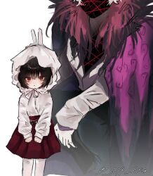  1boy 1girl aged_down artist_name black_hair blunt_bangs blush censored censored_identity character_request clenched_hands coat epp_exo fur-trimmed_coat fur_trim hair_intakes hashtag-only_commentary limbus_company long_sleeves looking_at_viewer on_one_knee project_moon purple_coat red_eyes red_skirt ryoshu_(project_moon) shirt skirt standing v white_shirt 
