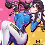  1girl animal_print bangs blue_bodysuit bodysuit bracer breasts breasts_apart brown_eyes brown_hair bunny_print charm_(object) closed_mouth covered_navel cowboy_shot d.va_(overwatch) facepaint facial_mark finger_on_trigger gloves gun hand_on_hip hand_up handgun headphones high_collar holding holding_gun holding_weapon jiujiuyatou_(yayanzz) legs_apart long_hair long_sleeves looking_at_viewer medium_breasts overwatch pauldrons pilot_suit pink_lips ribbed_bodysuit shoulder_pads signature simple_background sketch skin_tight smile smug solo swept_bangs thigh_strap weapon whisker_markings white_background white_gloves 