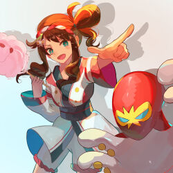  1girl alternate_color aqua_eyes black_sash blush brown_hair commentary_request cotton_candy drop_shadow eyelashes food grapploct hair_bun headband highres hilda_(pokemon) hilda_(summer_2022)_(pokemon) holding holding_cotton_candy holding_food japanese_clothes kimono obi official_alternate_costume official_alternate_hairstyle open_mouth pointing pokemon pokemon_(creature) pokemon_masters_ex red_pupils sash shiny_pokemon sidelocks simple_background single_side_bun smile tentacles white_background white_kimono yu_no6767 