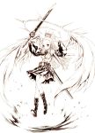  1girl angel_wings arms_up belt boots character_request crown detached_sleeves eien_no_aselia flying halo highres hitomaru knee_boots long_hair monochrome official_art sheath shirt skirt solo sword weapon wings 