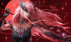  1girl artist_name black_collar black_dress black_gloves brown_eyes chest_jewel closed_mouth collar commentary crown_of_thorns dress elbow_gloves english_commentary eyelashes first_act_nightblaze_(shining_nikki) flower full_moon gem gloves high_collar highres holding holding_scythe long_hair long_sidelocks looking_to_the_side moon nikki_(nikki) nikki_(series) nostrils one_eye_covered oreki_genya outstretched_arm over_shoulder pink_hair pink_lips purple_flower purple_rose realistic red_background red_gem red_moon rose scythe shining_nikki sidelocks sleeveless sleeveless_dress solo sparkle thick_lips thorns upper_body very_long_hair weapon weapon_over_shoulder wind 