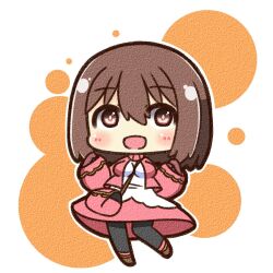  1girl :d bag black_pantyhose blush brown_eyes brown_hair canvas_texture chibi chibi_only commentary_request full_body hair_between_eyes handbag jacket looking_at_viewer merchant_(ragnarok_online) open_clothes open_jacket open_mouth pantyhose pink_bag pink_jacket pink_skirt ragnarok_online shirt shizukushigure short_hair simple_background skirt smile solo standing white_background white_shirt 