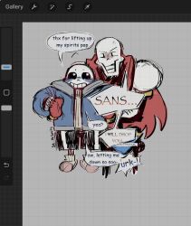  2024 2boys 2d anger_vein armor armpit_carry art_program_in_frame artist_name black_shorts blue_jacket blue_shorts brothers cape carrying carrying_person comic_sans cropped_legs digital_media duo english_text full_body gloves grey_background grey_hood height_difference hood hood_down hooded_jacket humanoid jacket male monster monster_boy multiple_boys open_clothes open_jacket papyrus_(font) papyrus_(undertale) pink_slippers procreate_(medium) red_cape red_gloves sans_(undertale) sel_mesanity shirt shorts siblings simple_background single_vertical_stripe skeleton slippers speech_bubble striped_shorts teeth text undead undertale utdr_(toby_fox) vertical-striped_clothes vertical-striped_shorts white_armor white_shirt white_stripes 