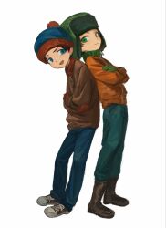  2boys :d aqua_pants beanie black_hair blue_eyes blue_hat blue_pants boots brown_boots contrast_collar crossed_arms gloves green_eyes green_gloves hat highres jacket kakutou15 kyle_broflovski looking_back male_focus multiple_boys orange_jacket pants raised_eyebrow red_gloves red_hat smile south_park stan_marsh two-tone_hat ushanka 