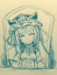  1girl bangs blush chair closed_eyes closed_mouth commentary_request efukei eyebrows_visible_through_hair hat interlocked_fingers long_sleeves monochrome own_hands_together shiki_eiki sidelocks smile solo touhou traditional_media upper_body 