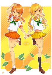  2boys blonde_hair food food_themed_hair_ornament fruit hair_ornament highres lemon lemon_hair_ornament multiple_boys nan one_leg_raised orange orange_hair orange_hair_ornament original pleated_skirt school_uniform serafuku siblings skirt trap twins v yellow_eyes 