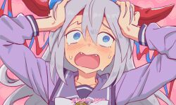  1girl @_@ animal_ears blue_eyes blue_hairband blush bow bowtie collarbone ear_covers fangs giragira_egao grey_hair hair_between_eyes hairband hands_on_own_head headband horse_ears horse_girl long_hair long_sleeves multicolored_hairband open_mouth portrait purple_sailor_collar purple_serafuku purple_shirt red_headband sailor_collar sailor_shirt school_uniform serafuku shirt striped_clothes striped_hairband sweat tamamo_cross_(umamusume) tracen_school_uniform two-tone_hairband umamusume very_long_hair white_bow white_bowtie 