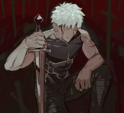 1boy archer_(fate) armor baragi black_armor boobplate breastplate fate/stay_night fate_(series) field_of_blades highres holding holding_sword holding_weapon male_focus planted planted_sword plate_armor solo sword too_many_weapons unlimited_blade_works_(reality_marble) weapon white_hair 