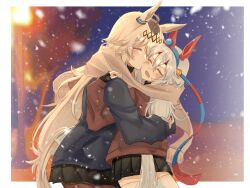  2girls ahoge animal_ears black_coat black_gloves black_pantyhose black_skirt blue_hairband blue_ribbon border brown_coat closed_mouth coat commentary cowboy_shot ear_covers ear_ornament fang gloves grey_hair grey_scarf hair_between_eyes hair_ornament hairband hand_on_another's_shoulder headband highres horse_ears horse_girl horse_tail hug kiss kissing_cheek koppiaa lamppost long_hair multiple_girls oguri_cap_(umamusume) open_mouth pantyhose partially_fingerless_gloves pleated_skirt red_headband red_ribbon ribbon scarf shared_clothes shared_scarf skin_fang skirt snowing tail tamamo_cross_(umamusume) thigh-highs two-tone_ribbon umamusume very_long_hair white_border white_thighhighs yuri 