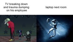  1girl 1other 3boys ant_tenna armor armored_boots artist_name basketball black_boots black_jacket black_lips black_pants blue_bodysuit blue_gloves blue_hair blue_skin blue_tongue bodysuit boots bow bowtie breastplate closed_mouth colored_skin colored_tongue commentary crt deltarune english_commentary english_text freckles gauntlets gloves green_eyes green_pippins headband high_heel_boots high_heels highres jacket kiaraminasake kris_(dark_world)_(deltarune) kris_(deltarune) lancer_(deltarune) long_nose meme multiple_boys object_head pants pippins_(deltarune) pointy_nose queen_(deltarune) radio_antenna red_bow red_bowtie red_eyes red_headband shirt shoes short_hair signature small_mike_(deltarune) smile sweatband tailcoat tongue tongue_out utdr_(toby_fox) white_gloves white_shirt wide-eyed yellow_shoes 