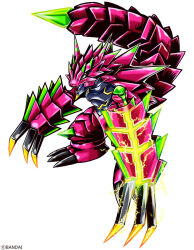  armalizamon armor claws commentary_request digimon digimon_(creature) digimon_beatbreak electricity full_body lizard no_humans official_art pink_armor sharp_teeth simple_background spiked_tail tail teeth violet_eyes white_background 