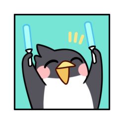  ^_^ animal_focus aqua_background bird blush_stickers border closed_eyes commentary english_commentary facing_viewer glowstick holding holding_glowstick inset_border no_humans notice_lines official_art open_mouth penguin penlight_(glowstick) solo stella_sora upper_body white_border 
