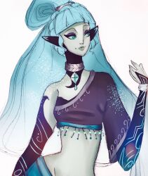  1girl @_(symbol) artist_name blue_gem blue_hair body_markings collar colored_skin english_commentary english_text gem grey_skin highres jewelry joulienne lasyra_(oc) long_hair navel original pointy_ears simple_background solo solo_focus tattoo the_legend_of_zelda the_legend_of_zelda:_twilight_princess twili_(zelda) twitter_username white_background 