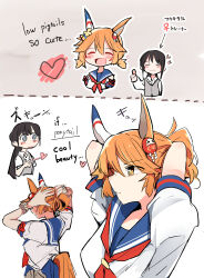  +_+ 2girls absurdres animal_ears bead_bracelet beads black_hair blue_skirt blush bracelet breasts closed_eyes closed_mouth daruma_doll daruma_doll_hair_ornament ear_covers female_trainer_(umamusume) flipped_hair grey_vest hair_between_eyes hair_ornament heart highres horse_ears horse_girl horse_tail jewelry long_sleeves matikanefukukitaru_(rising_fortune)_(umamusume) matikanefukukitaru_(umamusume) multiple_girls neckerchief open_mouth orange_hair pachio_(patioglass) ponytail red_neckerchief sailor_collar school_uniform serafuku shirt short_sleeves short_twintails single_ear_cover skirt smile star-shaped_pupils star_(symbol) symbol-shaped_pupils tail thumbs_up trainer_(umamusume) twintails tying_hair umamusume vest white_shirt yuri 