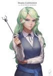  1girl black_light blue_eyes breasts character_name copyright_name cowboy_shot diana_cavendish green_hair little_witch_academia long_hair school_uniform simple_background sketch solo wand white_background 