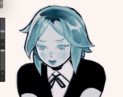  1other androgynous aqua_eyes aqua_hair aqua_lips art_program_in_frame black_ribbon black_shirt closed_mouth collared_shirt colored_eyelashes colored_skin commentary crystal_hair diinnple english_commentary eyelashes gem_uniform_(houseki_no_kuni) highres houseki_no_kuni looking_down neck_ribbon no_sclera other_focus parted_bangs phosphophyllite portrait procreate_(medium) ribbon sad shirt short_hair short_sleeves simple_background sketch thick_lips v-shaped_eyebrows v_arms white_background white_shirt white_skin 