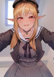  1girl 1other absurdres belt beret black_choker black_hat black_necktie blonde_hair blush choker commentary dark-skinned_female dark_elf dark_skin dress elf hat highres hololive indoors kabedon_on_viewer kashio_(92984798) long_hair long_pointy_ears looking_at_viewer multicolored_hair necktie official_alternate_costume open_mouth orange_eyes pointy_ears pov shiranui_flare shiranui_flare_(street) virtual_youtuber 
