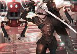  1boy blindfold blue_eyes gloves male_focus nier_(series) nier_automata robot shei99 short_hair solo sword weapon white_hair yorha_no._9_type_s 