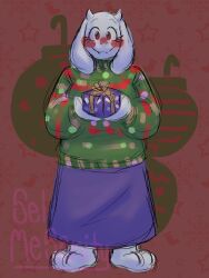  1girl 2022 2d animal_ears anthro artist_name barefoot box christmas christmas_sweater digital_media droopy_ears fangs female female_only floppy_ears full_body furry furry_female gift gift_box goat goat_ears goat_girl goat_horns green_sweater highres holding holding_box holding_gift horns long_sleeves mammal monster monster_girl purple_robe red_background robe sel_mesanity simple_background sketch solo standing star_(symbol) starry_background straight-on sweater toriel undertale utdr_(toby_fox) variant_set white_fur white_horns 