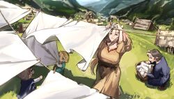  1boy 3girls arms_up black_eyes black_hair blonde_hair breasts brown_dress brown_hair brown_sandals brown_sash child closed_mouth clothes_pin clothesline commentary day dress english_commentary family grass green_eyes hair_ornament hairclip horns husband_and_wife hut large_breasts laundry laundry_basket long_hair long_sleeves multiple_girls nashidrop oni open_mouth original outdoors playing pointy_ears sandals sash scenery shadow short_hair single_horn skin-covered_horns slice_of_life smile squatting standing unworn_clothes valley very_long_hair village waist_sash 