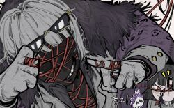  1boy 1girl aged_down bags_under_eyes black_fur blunt_bangs censored censored_identity character_request coat coat_on_shoulders commentary_request eyewear_on_head fur-trimmed_coat fur_trim highres limbus_company open_clothes open_coat project_moon red_eyes red_rope rope ryoshu_(project_moon) shirt short_hair smile string string_of_fate suit tinted_eyewear user_vdfv8273 white_hair white_shirt white_suit yellow-framed_eyewear 