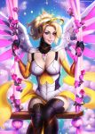  1girl adapted_costume alternate_wing_color artist_name ayya_saparniyazova black_legwear blonde_hair blue_eyes blue_sky blush breasts clouds cloudy_sky cowboy_shot eyebrows eyelashes eyeliner eyeshadow flower glint heart high_ponytail knees_together large_breasts light_particles looking_at_viewer makeup mechanical_halo mercy_(overwatch) nose overwatch parted_lips pelvic_curtain pink_lips pink_rose pink_wings rose signature sitting skin_tight sky smile solo spread_wings swing thigh-highs watermark web_address wings 