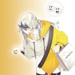  1girl akira_(kadokawa) alternate_costume bag commentary_request heavy_cruiser_hime horns kantai_collection official_art pointing pointing_down shinkaisei-kan shopping_bag white_hair white_skin yellow_eyes zipper 