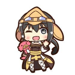  1girl :d arch_bishop_(ragnarok_online) black_hair blush breasts brown_dress canvas_texture chibi chibi_only cleavage_cutout clothing_cutout commentary_request creature dress fishnet_thighhighs fishnets full_body goggles goggles_on_head holding holding_creature long_sleeves looking_at_viewer medium_breasts one_eye_closed open_mouth ragnarok_online sash shizukushigure short_hair simple_background smile solo standing thigh-highs two-tone_dress white_background white_dress white_thighhighs yellow_sash 