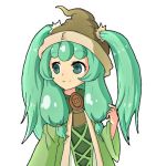  1girl batzip brown_hat buttons character_request green_eyes green_hair hat looking_away smile solo 