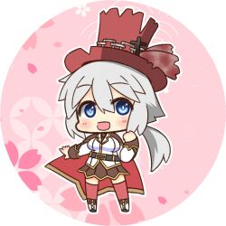  1girl :d belt black_belt blazer blue_eyes blush boots breasts brown_skirt canvas_texture chibi chibi_only clenched_hand commentary_request full_body genetic_(ragnarok_online) grey_hair hand_up hat highres jacket long_sleeves looking_at_viewer medium_breasts miniskirt official_alternate_costume open_mouth ragnarok_online red_hat red_shirt red_thighhighs shirt shizukushigure skirt smile solo standing thigh-highs top_hat white_background white_boots white_jacket 