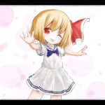  1girl blonde_hair blush commentary_request dress hair_ribbon highres kabi_killer one_eye_closed outstretched_arms red_eyes ribbon rumia sailor_dress short_dress short_hair tongue tongue_out touhou 