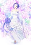  1girl :d ahoge blue_hair blue_ribbon blue_rose bouquet dress dress_lift elbow_gloves floral_background flower full_body gloves highres idolmaster jewelry long_dress miura_azusa moufu necklace open_mouth petals ribbon rose short_hair smile solo strapless strapless_dress violet_eyes wedding_dress white_gloves white_rose 