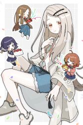  4girls ahoge belt black_belt blonde_hair blouse blue_shorts blue_skirt blunt_ends blush blush_stickers border braid brown_hair cake camisole cardigan chibi closed_eyes closed_mouth colored_eyelashes commentary confetti denim denim_shorts flower food from_side full_body gakuen_idolmaster grey_background grey_robe hair_flower hair_ornament hairclip hanami_ume hand_on_own_chest hand_up hataya_misuzu hatsuboshi_gakuen_school_uniform highres holding holding_party_popper holding_plate idolmaster kamomeat_29 kuramoto_china laurels leaf_hair_ornament long_hair long_skirt long_sleeves looking_at_viewer medium_hair midriff_peek multiple_girls open_clothes open_mouth open_robe orange_eyes orange_ribbon outline outside_border parallel_hairclips parted_bangs party_popper pink_cardigan plate purple_hair ribbon robe rope_belt school_uniform shinosawa_hiro shirt shoes shorts side_braid skirt smile strawberry_cake streamers symbol-only_commentary violet_eyes white_border white_camisole white_flower white_outline white_shirt white_shoes wide_sleeves wristband 