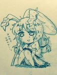  1girl animal_ears bangs bruise bruise_on_face commentary_request dress ear_clip efukei eyebrows_visible_through_hair full_body holding injury kine long_hair monochrome o_o open_mouth puffy_short_sleeves puffy_sleeves rabbit_ears seiran_(touhou) short_sleeves sitting solo tears touhou traditional_media translation_request 