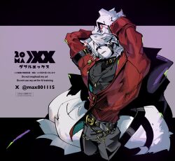  1boy alternate_costume animal_ear_fluff animal_ears arms_up belt bicep_strap black_pants black_shirt body_fur collar colored_tips commentary_request cowboy_shot cropped_legs furry furry_male highres jacket jewelry male_focus max801115 multicolored_hair muzzle_(mask) necklace open_mouth pants purple_background red_jacket shirt short_hair sleeves_rolled_up solo tail tail_belt twitter_username von_lycaon white_fur white_hair wolf_boy wolf_ears wolf_tail zenless_zone_zero 