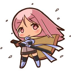  1girl armored_boots black_thighhighs blush boots brown_cape brown_dress canvas_texture cape chibi chibi_only closed_mouth commentary_request dress full_body gauntlets holding holding_sword holding_weapon knight_(ragnarok_online) long_hair looking_at_viewer pink_eyes pink_hair ragnarok_online shizukushigure simple_background smile solo standing sword thigh-highs weapon white_background wind 