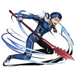  1boy blue_hair bodysuit divine_gate fate/stay_night fate_(series) floating_hair full_body holding holding_weapon lancer long_hair looking_at_viewer official_art open_mouth polearm ponytail red_eyes shadow solo spaulders spear transparent_background ucmm weapon 