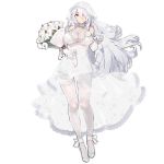  1girl bear_hair_ornament bouquet breasts bridal_veil cala_lily dress flower girls_frontline gloves hair_ornament kishiyo large_breasts long_hair looking_at_viewer official_art personification pk_(girls_frontline) red_eyes silver_hair transparent_background veil wedding_dress white_flower white_gloves white_legwear 