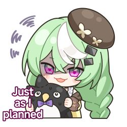  1girl :3 :d beret braid brown_hat butterfly_hat_ornament commentary crossed_bangs deformed double-parted_bangs dress english_commentary english_text green_hair hat hat_ornament highres holding holding_stuffed_toy jacket long_hair low_twin_braids multicolored_hair nazuna_(stella_sora) nervous_sweating off_shoulder official_art open_mouth partially_shaded_face sherlock_(stella_sora) simple_background sleeveless sleeveless_dress smile solo squiggle stella_sora streaked_hair stuffed_animal stuffed_penguin stuffed_toy sweat tilted_headwear transparent_background twin_braids violet_eyes white_dress white_streaks wide-eyed yellow_jacket 