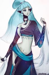  1girl @_(symbol) artist_name blue_gem blue_hair body_markings collar colored_skin english_commentary english_text gem grey_skin highres jewelry joulienne lasyra_(oc) long_hair navel original pointy_ears simple_background solo solo_focus tattoo the_legend_of_zelda the_legend_of_zelda:_twilight_princess twili_(zelda) twitter_username white_background 