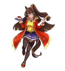  1girl animal_ears baguette belt black_thighhighs blue_eyes blue_skirt blush bread breasts brown_hair coat collarbone domino_mask ear_scrunchie el_condor_pasa_(el_numero_1)_(umamusume) el_condor_pasa_(umamusume) eye_mask food full_body hair_between_eyes holding holding_food holding_plate horse_ears horse_girl horse_tail jacket long_hair long_sleeves looking_at_viewer martypcsr mask medium_breasts open_mouth plate pleated_skirt ponytail red_coat red_jacket shirt simple_background skirt smile solo tail thigh-highs umamusume white_background yellow_shirt 