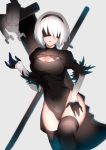  1girl black_gloves black_legwear black_leotard blindfold blurry breasts center_opening depth_of_field facing_viewer gloves grey_background hairband hand_on_own_thigh hand_up knee_up leotard medium_breasts nier_(series) nier_automata parted_lips pod_(nier_automata) puffy_short_sleeves puffy_sleeves saisarisu short_sleeves simple_background solo sword thigh-highs thighs turtleneck weapon white_hair yorha_no._2_type_b 