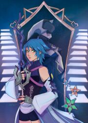  1girl aqua_(kingdom_hearts) aqua_eyes armor bare_shoulders black_shorts blue_hair blue_shirt breasts chest_strap closed_mouth cowboy_shot detached_sleeves fingerless_gloves full_armor gloves grey_gloves hair_between_eyes helm helmet highres holding holding_weapon keyblade kingdom_hearts kingdom_hearts_birth_by_sleep medium_breasts medium_hair paopu_fruit shirt shorts sleeveless sleeveless_turtleneck solo turtleneck vanekairi waist_cape weapon white_sleeves 