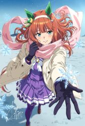  1girl animal_ears black_gloves blue_eyes blunt_bangs blush bow bowtie coat comiket_107 ear_covers gloves hair_ornament hairband highres hime_cut horse_ears horse_girl horse_tail kibidango_14-gou long_hair long_sleeves looking_at_viewer open_clothes open_coat orange_hair orange_tail parted_lips pink_scarf pleated_skirt purple_sailor_collar purple_serafuku purple_shirt purple_skirt purple_thighhighs sailor_collar sailor_shirt scarf school_uniform serafuku shirt silence_suzuka_(umamusume) skirt smile snow snowflakes solo tail thigh-highs tracen_school_uniform umamusume white_bow white_bowtie white_coat white_hairband winter_clothes winter_coat 