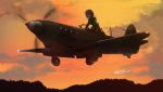  1girl aircraft airplane backlighting black_legwear bow bowtie clouds commentary dark dated goggles grey_hair highres hill original pantyhose propeller short_hair signature skirt sky solo sunglasses sunset tokihama_jirou yak-9 