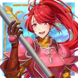  1girl armor bikini_boody blush breastplate breasts commentary english_commentary fire_emblem fire_emblem:_path_of_radiance gloves highres holding holding_polearm holding_weapon jill_(fire_emblem) long_hair medium_breasts open_mouth pauldrons pink_armor polearm ponytail red_armor red_eyes red_gloves red_hair shoulder_armor smile solo sweat teeth tunic upper_body upper_teeth_only weapon yellow_tunic 