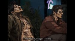  2boys black_hair blood blood_on_face bush commentary english_commentary eyepatch facial_hair goatee highres jacket kiryu_kazuma large_pectorals majima_goro male_focus multiple_boys muscular muscular_male neon_lights night nosebleed pectorals red_shirt relaxing ryuu_ga_gotoku_(series) ryuu_ga_gotoku_1 shirt sitting sotenborinpc tattoo 